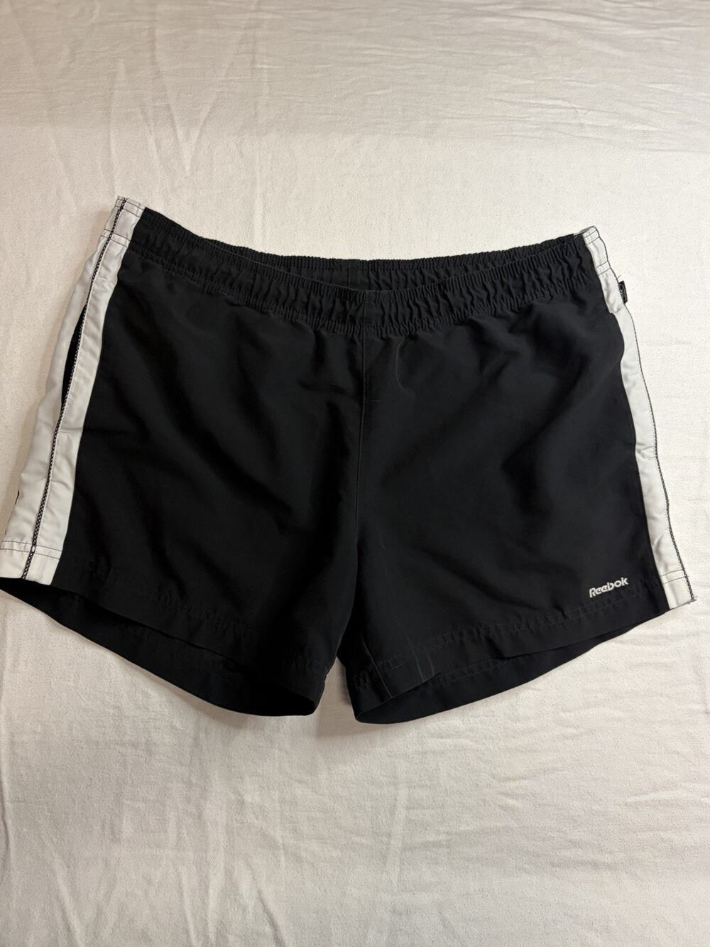 VTG Reebok Swim Trunks Men’s Size L Black White Nylon Y2K Athletic Beach Shorts